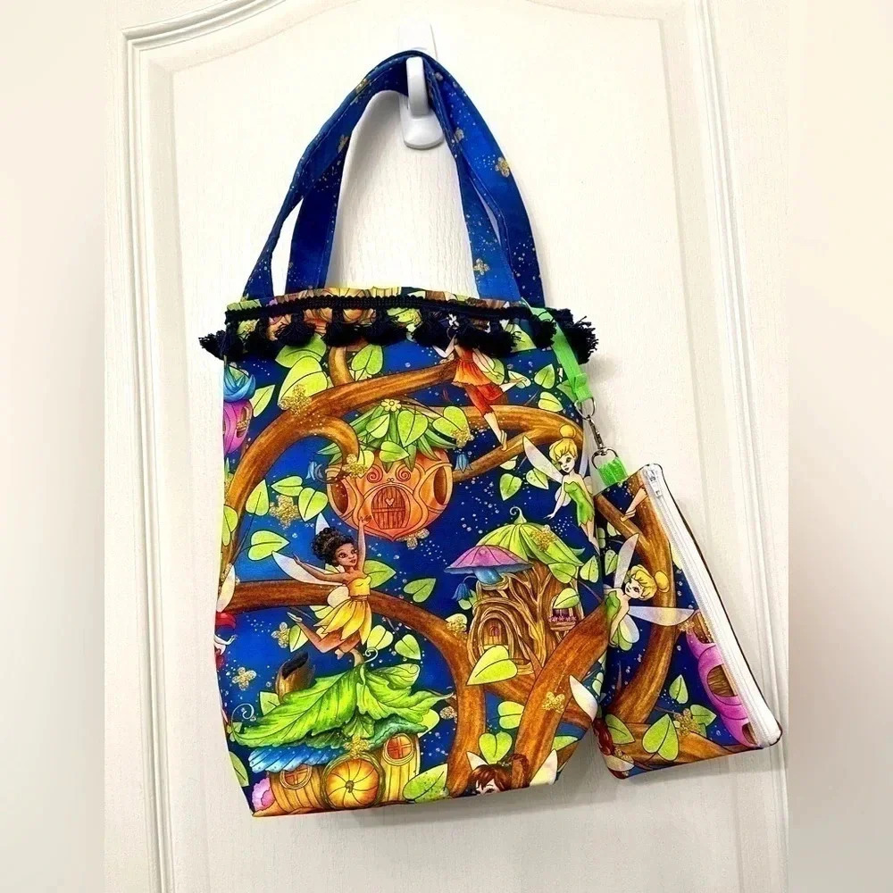 Tinker Bell Fairy Themed Custom Made Purse Tote and Matching Attached Zipper Bag